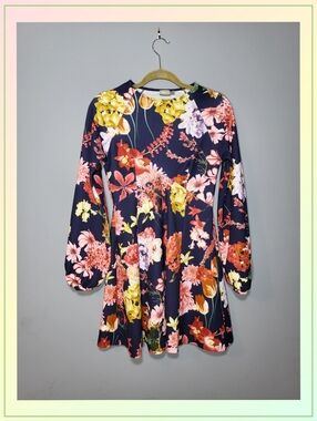 ASOS Floral Fit & Flare Long Sleeve Dress in Navy, Pink & Yellow
